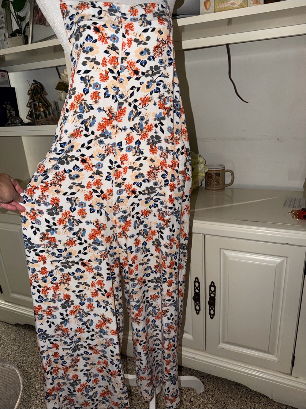 Floral Wide-Leg Jumpsuit in Ivory with Orange & Navy Print